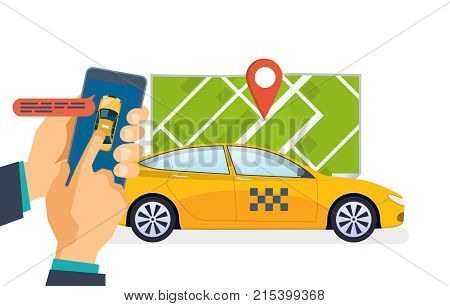 Hand holds smartphone. Taxi ordering service and calling. Online taxi order, call by phone, mobile application for ordering taxi. Taxi online, navigation gps, cityscape, map. Vector illustration.