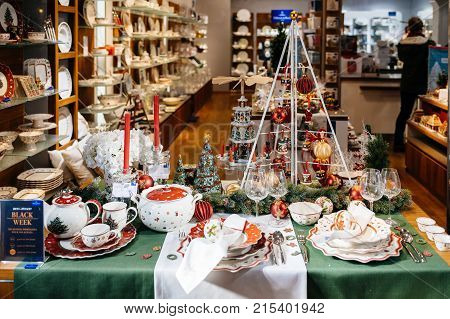 STRASBOURG FRANCE - NOV 21 2017: View from the street of Villeroy and Boch dishware cutleries and art of the table with decorations for Christmas and upcoming holidays