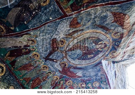 Interior of the cave church with early ortodox christian fresco Forty Sons in Law Church Kirkdamalti Kilise Guzelyurt Ihlara Valley Cappadocia Central Anatolia Turkey UNESCO.