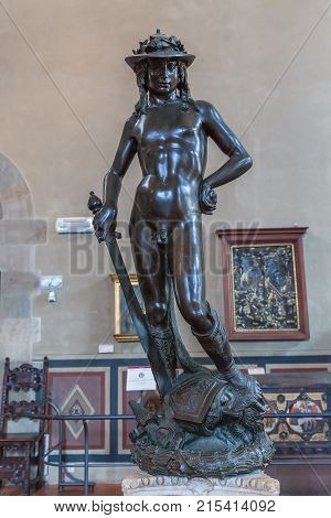 Florence Italy - April 09 2017: Interior of Bargello also known as the Palazzo del Bargello Museo Nazionale del Bargello or Palazzo del Popolo now an art museum