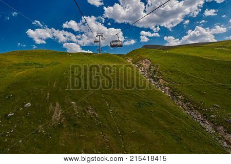 GODERDZI, ADJARA REGION, GEORGIA - 08 AUGUST 2017: New Cableway over majestic Adjaran mountain landscapes near Khulo village