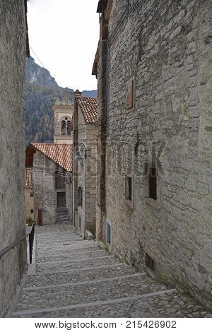 A small street in the hill village of Erto in Friuli Venezia Giulia north east Italy. The village is famous locally for having being evacuated following the 1963 Vajont Dam disaster.