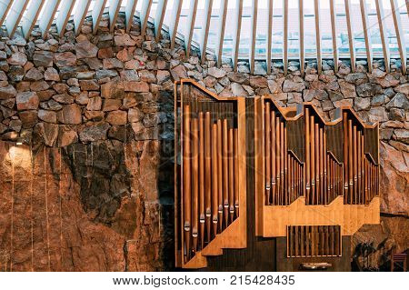 Helsinki, Finland - December 7, 2016: Close View Of Pipe Organ In Lutheran Temppeliaukio Church Also Known As  Church Of Rock And Rock Church.