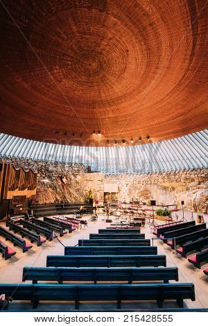 Helsinki, Finland - December 7, 2016: Interior Of Lutheran Temppeliaukio Church Also Known As Church Of Rock And Rock Church.