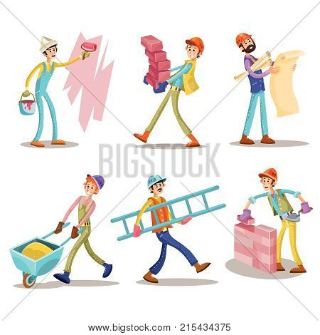Construction workers, vector funny cartoon set. Mason is laying brickwork, foreman with architectural project, painter is painting wall, other workers are carrying brick and ladder, roll wheelbarrow