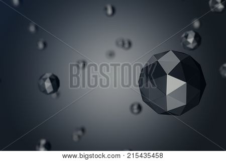 3D Illustration Abstract Background of low polygonal sphere with bokeh effects. Polygonal sphere in black background space. Futuristic Bacgkround for your design