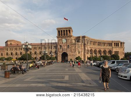 Yerevan Armenia - September 17 2017: Republic Square in Yerevan. Headquarters of the Government of Armenia (the council of government ministers). It was originally housed by the People's Commissariat of Armenia.