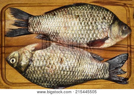 two fresh river carp to the scales on a cutting Board