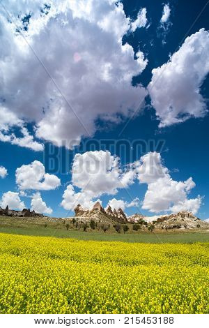 Love valley in Goreme village, Turkey. Rural Cappadocia landscape. Stone houses in Goreme, Cappadocia. Countryside lifestyle.