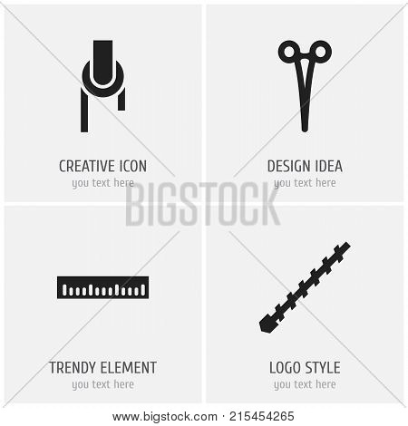 Set Of 4 Editable Equipment Icons. Includes Symbols Such As Bore, Surgical Scissors, Sheave And More