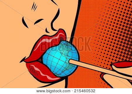 Woman tourist sucks the Earth as a Lollipop. Travel and politics. Comic caricature vector pop art retro illustration drawing