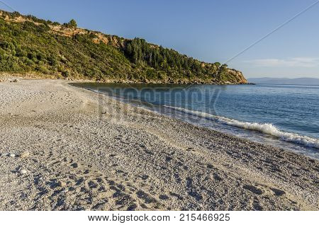 sunset on the beach of lourdata or lourdas on the island of kefalonia over the ionian sea