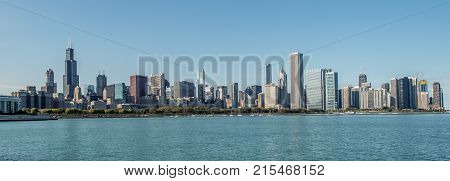 City of Chicago Skyline and the Lake Michigan. Chicago Waterfront. Illinois United States of America. Panoramic Photo.
