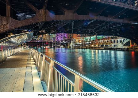 Downtown Chicago Riverwalk at NIght. Chicago Illinois United States of America.