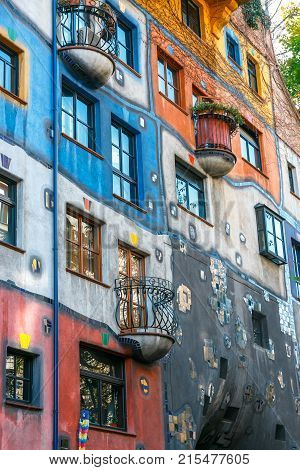 Vienna, Austria - October 14, 2016: Facade Of Huntdertwarsser House In Vienna. The Hundertwasser Hou