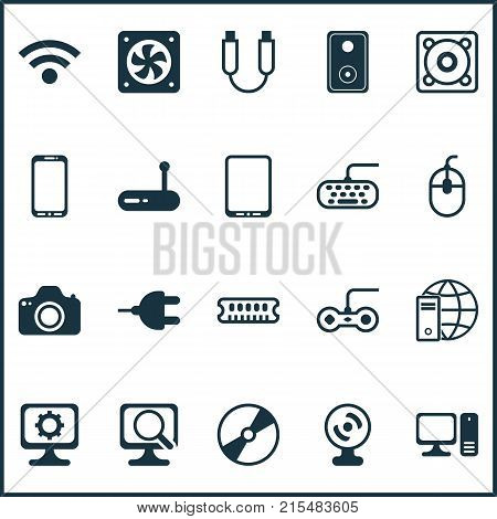 Hardware icons set with computer keypad, portable memory, smartphone and other camera elements. Isolated vector illustration hardware icons.