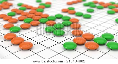 Traditional asian goban board and weiqi go game. colored pins version. 3d illustration, with depth of field blur effect.