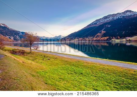 Sunset at Resia Lake Italian Alps Dolomites