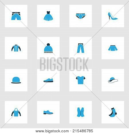 Garment colorful icons set with panama, evening gown, beanie and other t-shirt elements. Isolated vector illustration garment icons.