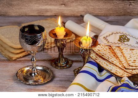 Shabbat Shalom - Traditional Jewish Sabbath Ritual Matzah Wine.