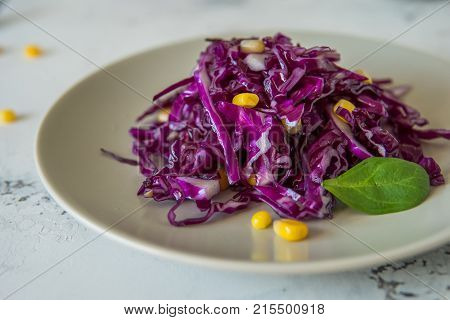 Fresh Red Cabbage Salad With Corn. Vegeterian And Diet Food