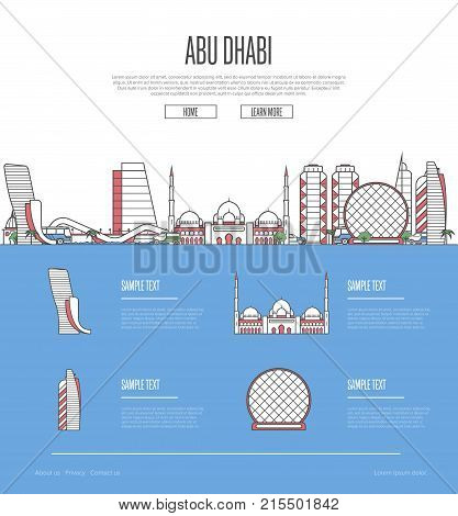 Abu Dhabi city travel vacation guide with most important architectural attractions in linear style. Abu Dhabi skyline with famous landmarks. Arab Emirates traveling, middle east journey vector concept