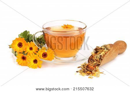 Calendula tea with fresh and dried flowers isolated on white background.
