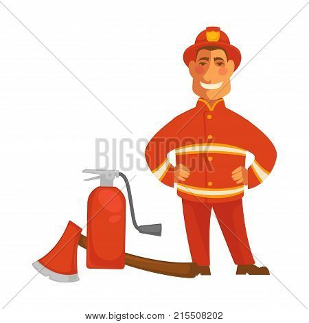 Fireman or firefighter in uniform with fire extinguishing equipment of extinguisher and ax. Vector flat isolated icon of professional firefighting or fire protection design