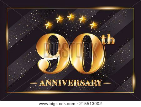 90 Years Anniversary Celebration Vector Logotype. 90th Anniversary Gold Badge with Glitter. Luxury Shiny Design for Greeting Card Invitation Congratulation Card. Isolated on Black Background.