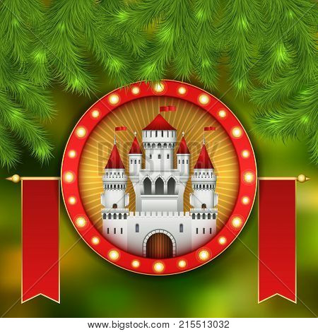 Christmas card with white castle, fireworks and branches of a Christmas tree. Christmas illustration with celebratory elements. White medieval castle with a red roof and red flags on the spiers