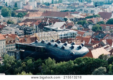 Graz, Austria - August 11, 2017: Kunsthaus Graz is a musem of Art. High angle view from Schlossberg
