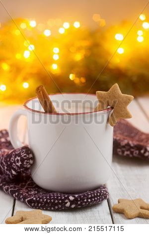Cocoa Or Hot Chocolate With Cinnamon And Gingerbread On A Background With Mittens, Fir Branches And