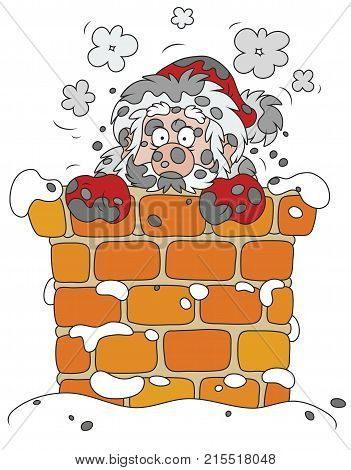 The night before Christmas, sooty Santa Claus looking out of a chimney