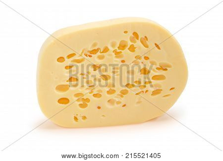 Oval piece of the medium-hard Swiss-type cheese with holes on a white background
