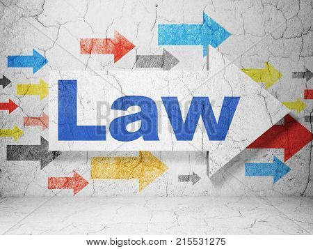 Law concept:  arrow with Law on grunge textured concrete wall background, 3D rendering
