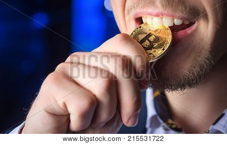 coin bitcoin cryptocurrency hold hand blured male