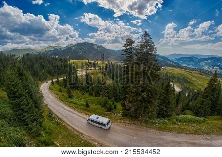 ADJARA, GEORGIA - 08 AUGUST 2017: Touristic minibus in remote mountains of Georgia