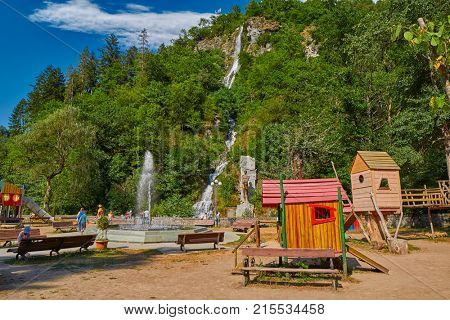 BORJOMI, GEORGIA - 07 AUGUST 2017: Borjomi central park with children playgrounds and relaxation zones