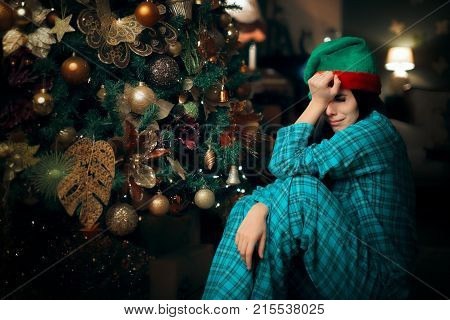 Sad Upset Lonely Girl Crying Next to Her Christmas Tree