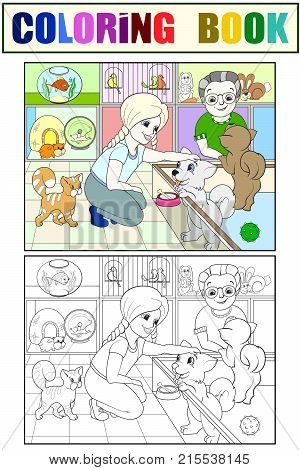 Children coloring cartoon contact zoo vector. pet Shop. Black, white and colored