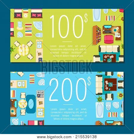 Designer business card representing price and additional information on it and items of bathroom, kitchen and living room on vector illustration