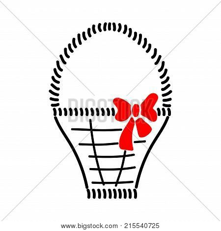 Basket with braid sign. Image of handmade weave. Color icon isolated on white background. Decorative wicker basket with red bow for gift. Logo for invitation or celebration. Stock vector illustration