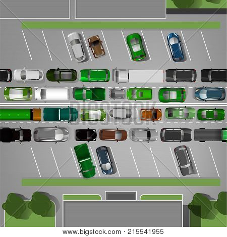 City traffic background with top view car images. Busy road and free parking places around. Editable vector illustration in modern flat style. Automotive collection.