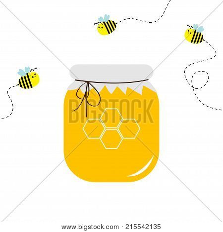 Honey jar pot icon. Honeycomb logo. Beehive element. Flying bee insect dash line set. Paper top and bow. Yellow healthy food. Isolated. White background. Flat design. Vector illustration