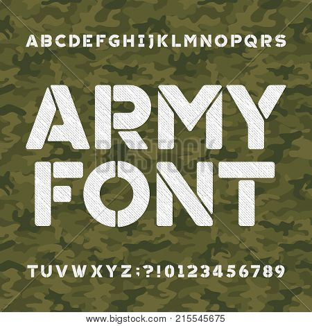 Army alphabet font. Scratched type letters and numbers on a seamless green camo background. Vector typography for your design.