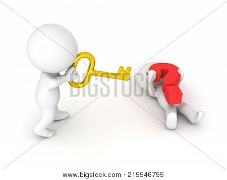 3D Character is offering a golden key to another character who is trapped under a big red question mark. Image symbolizing cooperation and group think.