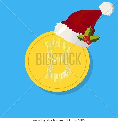 Bitcoin. Digital currency. Cryptocurrency. Golden coin with bitcoin symbol and Santa claus hat. Hapy ney year or merry christmass bitcoin