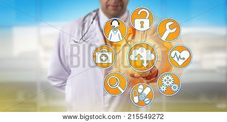 Unrecognizable independent physician is accessing managed services via the cloud. Medical sector and information technology concept for digital health systems compliance security and maintenance.