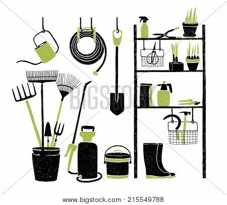 Hand drawn gardening tools storing on shelving, standing and hanging beside it on white background. Organized storage of agricultural equipment. Vector illustration in green and black colors