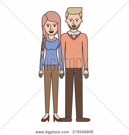 couple colorful silhouette and her with blouse long sleeve and pants and heel shoes with braid and fringe hairstyle and him stubble beard and sweater and pants and shoes with side parted hairstyle vector illustration